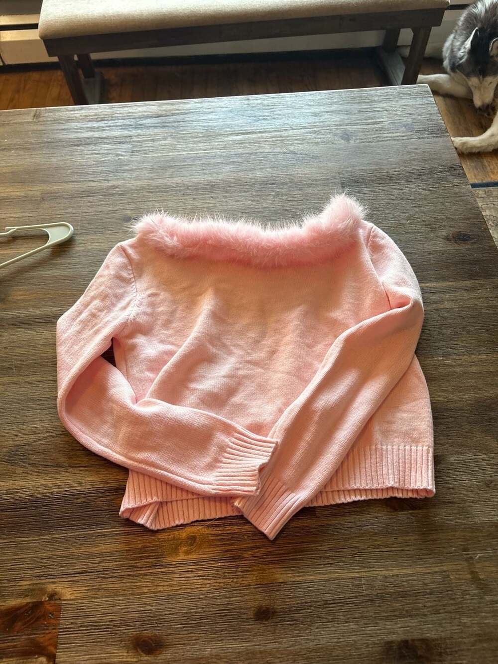 Shein Honeyspot Pink Faux Fur Trim Off The Shoulder Rib Knit Sweater